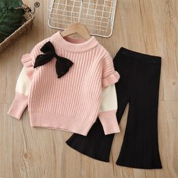 Clothing Sets Baby Girls Winter Clothes Set Warm Outfits Kids Girls Flower Knit Sweater and Pants Autumn Girl Clothing Set Children Costume 230220