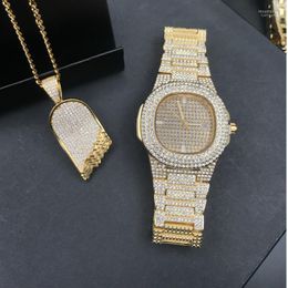 Wristwatches Luxury Gold Hip Hop Jewelry Stylish Watch Necklace Combo Set Diamond Men Iced Out Pendant W/ Franco Chain Moun22