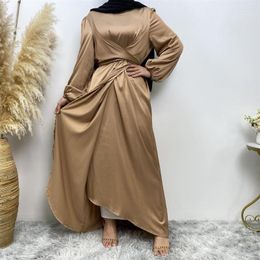 Ethnic Clothing Ramadan Abaya Dubai Turkish Islamic Dress Women Satin Wrap Front Belted Ruffels Muslim Party Long Dresses Eid Moroccan