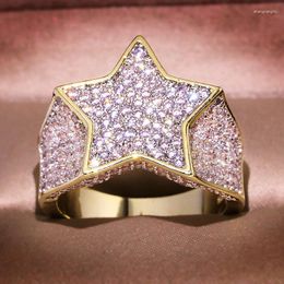 Cluster Rings Real 18k Yellow Gold Men's Ring Hip Hop Iced Out High Quality Micro Pave Diamond Finger Stars For Men Fine Jewellery