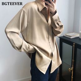 Women's Blouses Shirts BBTEEVER Chic Women Satin Shirts Long Sleeve Solid Turn Down Collar Elegant Office Ladies Workwear Blouses Female 230221