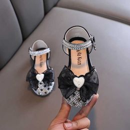Sandals Girls Lace Leather Sandals Children's Pearl Princess Sandals Kids Sweet Rhinestone Baby Soft Bottom Shoes Size 21-36