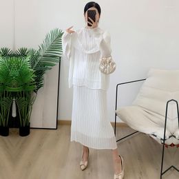 Work Dresses Women's White Long Sleeve Lace Top Straight Skirt Miyak Pleated Spring/summer Fashion Loose Plus-size Two-piece Set