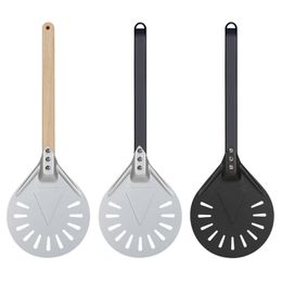 Baking Moulds Pizza Turning small Pizza Peel Paddle Short round Pizza Tool Non Slip wooden Handle 7 8 9 inch Perforated Pizza Shovel Aluminum 230221