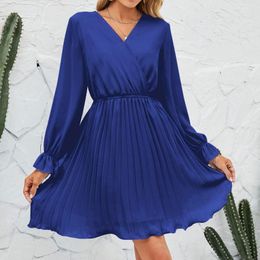 Casual Dresses 2023 Women's Wrap V Neck Dress Wedding Guest Pleated Long Sleeved Mini Summer Vestidos Mujer Robes