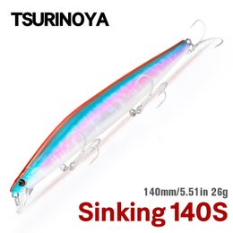 Fishing Hooks TSURINOYA Top Lure Sinking Minnow 140S DW92 140mm 26g Saltwater Black Bass Pike Long Casting Hard Baits Tungsten Weight 230221