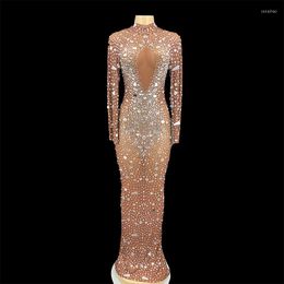 Stage Wear Sexy Mesh Perspective Mirrors Rhinestones Evening Celebrate Birthday Long Dress Women Bar Nightclub Party Outfit Show