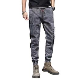 Men's Jeans Mens 2023 Spring Grey Denim Pants Joggers Stretch Baggy Washed Side Patchwork Elastic Wiast Men Homme B14Men's