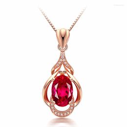 Pendant Necklaces Elegant Red Gem Crystal Necklace Rose Gold Plated Oval Cut Colour Cubic Zirconia Wedding Anniversary Jewellery