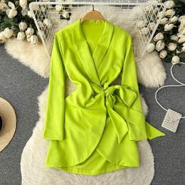 Casual Dresses Clothland Women Elegant Mini Blazer Dress Notched Collar Cross V Neck Sashes A Line Office Chic Vestido QB649