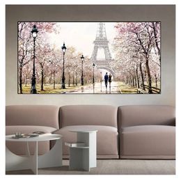 Tower Landscape Abstract Oil Painting on Canvas Poster Print Wall Picture for Living Room Romantic City Couple Paris Eiffel Woo