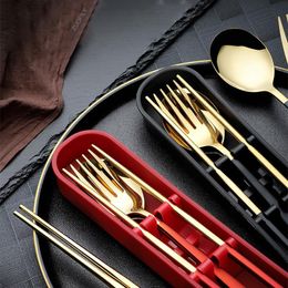 Dinnerware Sets Portable Golden Cutlery Spoon Fork Chopsticks Set Lunch Tableware With Box 304 Stainless Steel Utensils For Travel
