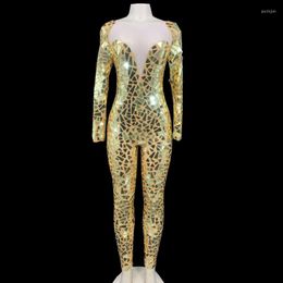 Stage Wear Sparkly Gold Mirrors Transparent Jumpsuit Women Birthday Celebrate Prom Party Outfit Female Club Bar Dance Rompers Costume
