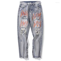 Men's Jeans Brush Paint Ripped 2023 Autumn And Winter Man High Street Casual Zipper Slit Straight Trousers