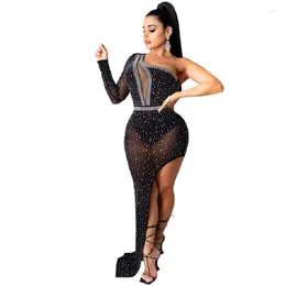 Stage Wear Fashion Single Sleeve Sexy Solid Colour Diamonds Irregular Clubbing Dresses Lady Bodycon Evening Party Vestido Nighclub