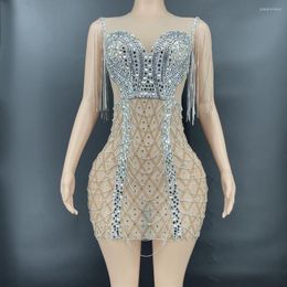 Stage Wear Sparkly Crystals Chains Crystal Short Dress Birthday Outfits For Women Sexy Club Party Sleeveless See Through