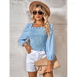 Women's Blouses H9ED Womens Vintage Smocked Top Puff Sleeves Square Neck Swiss-Dot Jacquard Shirts Ruffled Frill Trim Shirred Slim Fit