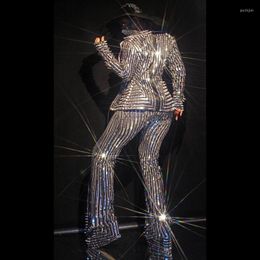 Stage Wear Sparkly Costume Silver Stripe Coat Jumpsuit Two Pieces Set Nude Print Punk Nightclub Club Show Outfit Performance Clothing