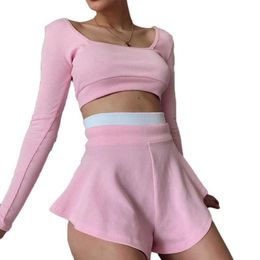 Women's Tracksuits Women Outfit Colour Block Slim Casual Long Sleeve Top Culottes Shorts For Fitness