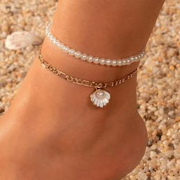 Anklets Fashion Double Layer Pearl Shell Pendant Ankle Bracelet Ladies 2023 Summer Beach Foot Bracelets Anklet Jewellery Chaine Cheville