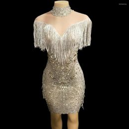 Stage Wear Women Sexy Mesh See Through Fringes Dress Sparkly Crystal Birthday Celebrate Dresses Evening Prom Party Sleeveless Tassel Outfit