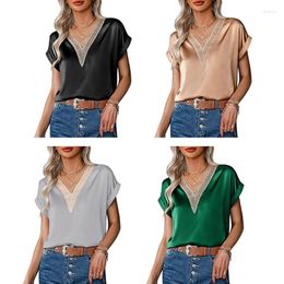 Women's T Shirts Women Rolled Short Sleeve Solid Tunic Guipure Lace V-Neck Satin Blouses Drop