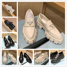 with Box Prad Designer Loafer Dress Shoes Womens Chunky Monolith Sharp Pointy Brushed Leather Loafers Slip on Mules Pointed Toe Casual Sh Ng