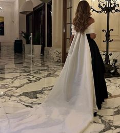 Ivory And Black Taffeta Saudi Arabia Prom Dresses Off the Shoulder Sleeves Long Tail A Line Women's Evening Formal Gowns Vestidos De Fieast 2023