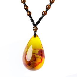Vintage Amber Fossil Necklace Water Drop Insect Pendant Rope Chain Hip Hop Necklaces for Men Insect Jewellery Party Anniversary Gift