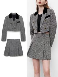 Two Piece Dress TRAF Office Lady Blazer Skirts Sets Elegant Female Double Breasted Short Jackets Mini Skirt Long Sleeve Tops Autumn Winter 230222