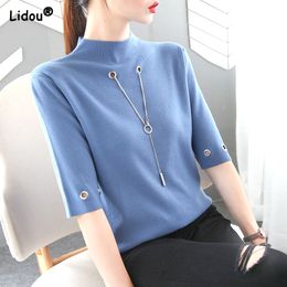 Women's Knits Tees Fashion Causal Sequined Pendant O Neck Half Sleeve T Shirt Women Summer Solid Colour Skinny Clothing Simple Tops 230222