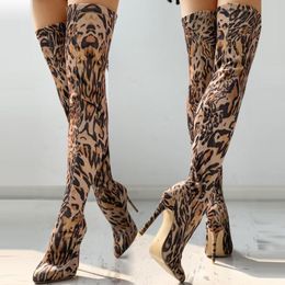 Boots RIBETRINI Sexy INS Leopard Print Pointed Toe Thigh High Zipper Animal Over The Knee For Women Autumn Shoes
