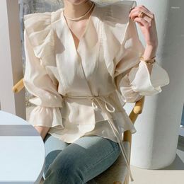 Women's Blouses Gentle Style Lady Tops Fashion V-neck Tie Waist Double-layer Ruffled Shirts Flared Sleeve Sunscreen Shirt Women Blouse