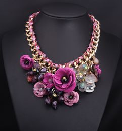 Colourful Stone Chunky Flower Choker Collar Fashion Weave Rope Statement Necklace Mix Colour Factory Price