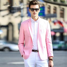 Men's Suits Pink Coat White Pant Men Suit Wedding 2 Pieces Jacket Pants Tie Custom Made Groom Tuxedos Fashion Notch Lapel Blazer For Man