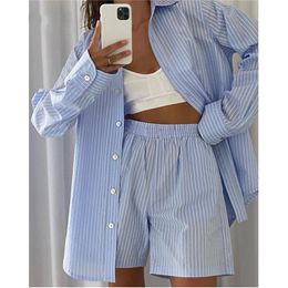 Women's Shorts Two Pcs Autumn Korean Chic Female Loose Striped Shirt Tops Suits Ourfit Casual Lapel Women Cotton Blouse Shirts Short Pant 230222