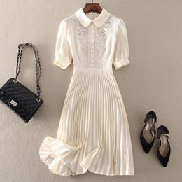 Casual Dresses Vintage Embroidered Pleated Dress Women Summer Chic Sweet Short Sleeve Midi Party Dress Elegant Slim Waist A-Line Dresses 230222