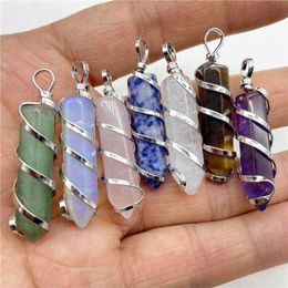 Wholesale Bulk Natural Crystal Handmade Wrapped Healing Hexagonal Pendant For Women