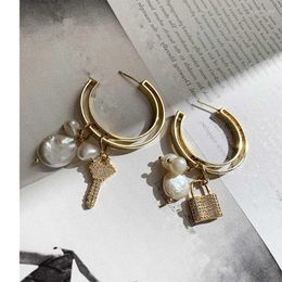 Dangle Earrings Asymmetric Key Lock Baroque Pearl Pendant Double Circle Female Temperament And Collars Earring