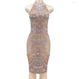 Stage Wear Sparkly Rhinestone Short Dress Women Evening Prom Party Birthday Dresses Sexy Costume Luxury Celebrite Gown Outfit