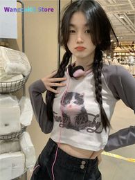 Women's T-Shirt Y2k Aesthetic Patchwork T Shirts Grunge Kawaii Cat Print T-shirt Women Graphic Cute Top Sexy Crop Tops Long Sleeve Harajuku Tees 022223H