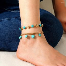 Anklets Bohemian Vintage Blue Stone Anklet Bracelet For Women Beach Beaded Gold Colour Multilayer Fashion Jewellery Boho Accessories