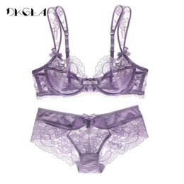 Hollow Out Bra Underwear Set Transparent Lace Ultrathin Sexy Lingerie Set Women embroidery Plus Size Purple Bra And Panty Sets Y20302i