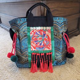Evening Bags Summer Women Vintage Embroidered Canvas Handmade Tassel Shoulder Ethnic Bag