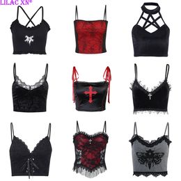 Women's Tanks Camis Goth Cross Print Lace Bodycon Crop Tops Camis Sexy Y2K Aesthetic Black Red Basic Corset Tank Top Summer Clothes for Women Girls 230222