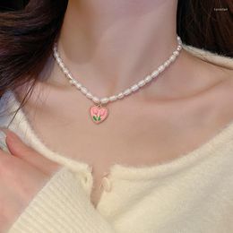 Pendant Necklaces 5pcs/Exquisite Tulip Flower Necklace Ladies Pink Heart Pearl Clavicle Chain Fashion Women Jewelry