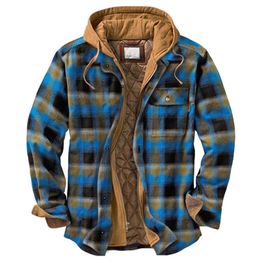Men's Casual Shirts ERENEJIAN Fashion Winter Warm Plaid Shirt With Hood Cotton Padded Thick Thermal Tops Outerwear Plus Size M4XL 230221