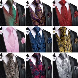Men's Vests HiTie Silk Adult for Suit Luxury Paisley Floral Plaid and Tie Set Blue Gold Red Sliver Wedding Men 230222