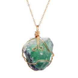 Pendant Necklaces FYSL Light Yellow Gold Color Wire Wrap Irregular Shape Fluorite Stone Link Chain Necklace Rock Crystal Jewelry