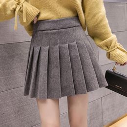 Skirts Winter Woollen Short Skirt Skorts Elastic Waist Solid A-line Pleated Mini Beige Grey